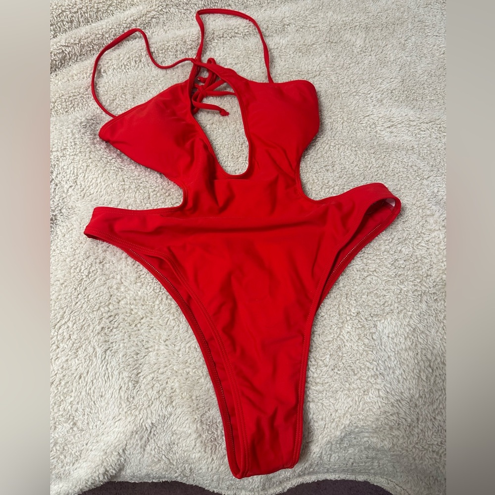 Vibrant Red One Piece Swimsuit with Cutout Details